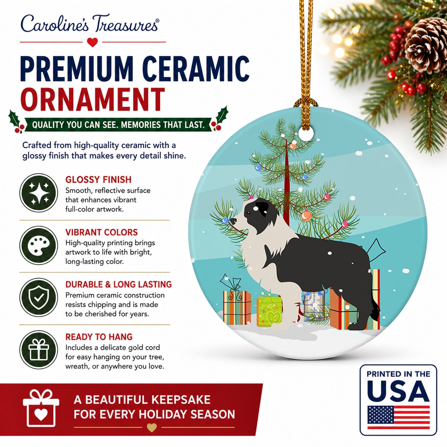 Black Border Collie Merry Christmas Tree Ceramic Ornament Christmas Tree Hanging Decorations for Home Christmas Holiday, Party, Gift, 3 in, Multicolor
