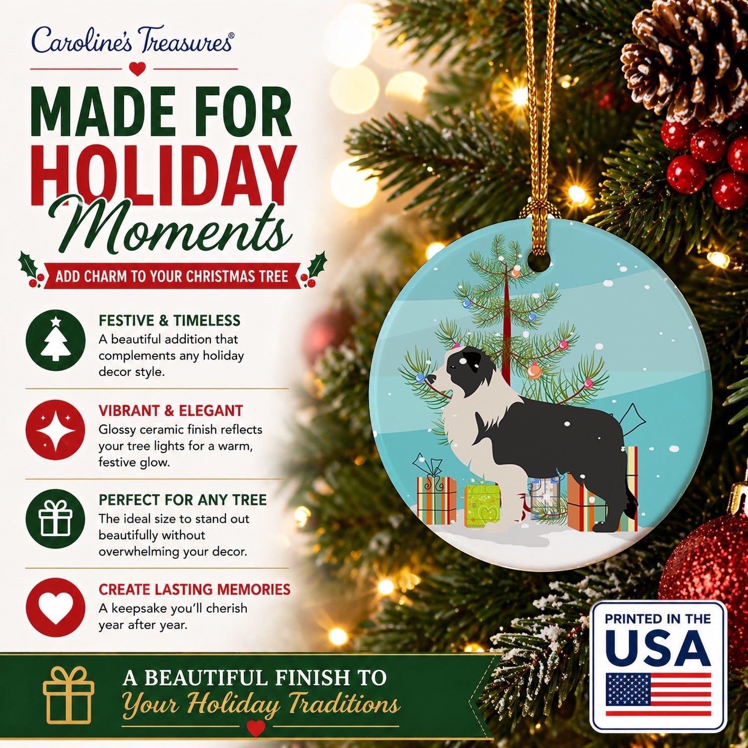 Black Border Collie Merry Christmas Tree Ceramic Ornament Christmas Tree Hanging Decorations for Home Christmas Holiday, Party, Gift, 3 in, Multicolor