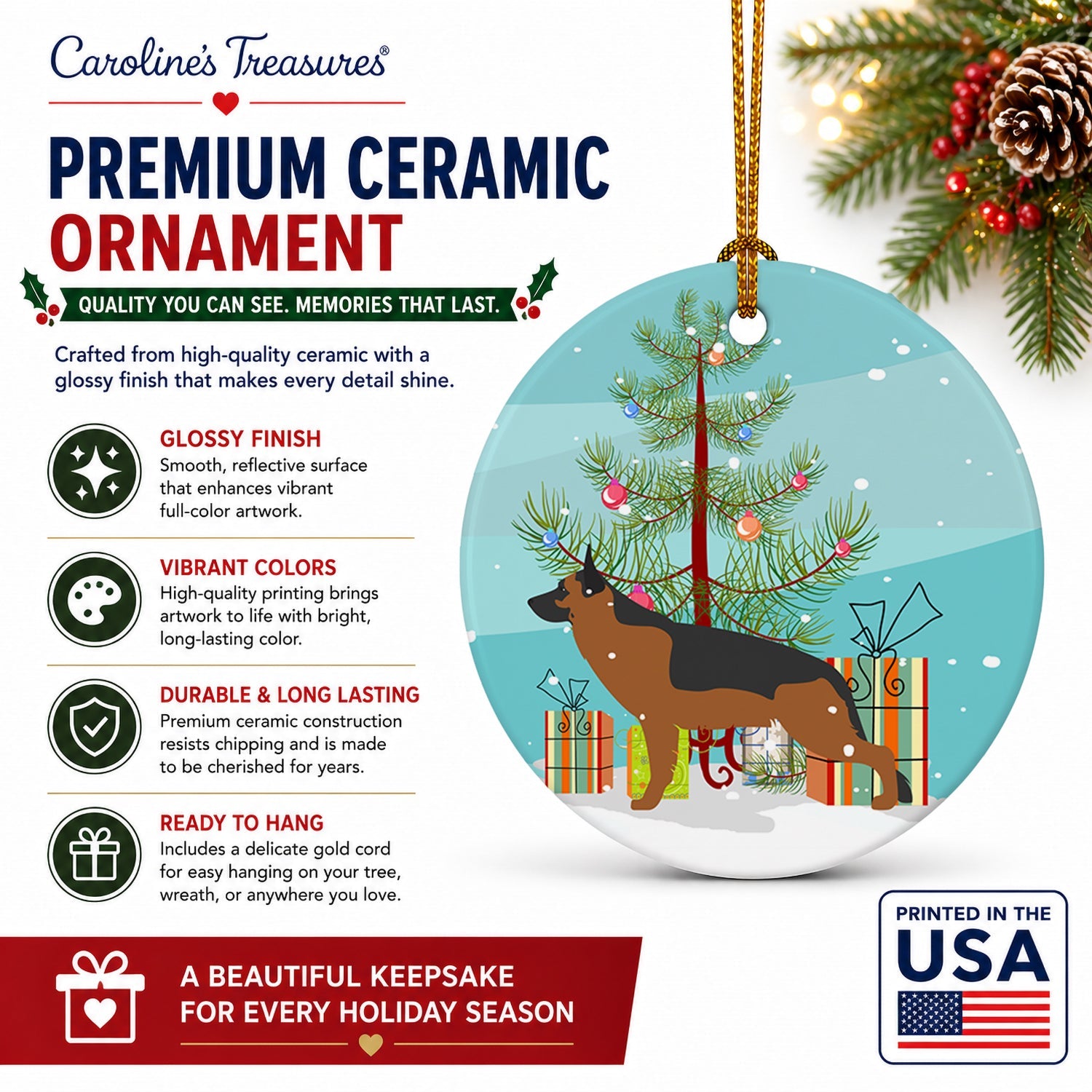 German Shepherd Merry Christmas Tree Ceramic Ornament Christmas Tree Hanging Decorations for Home Christmas Holiday, Party, Gift, 3 in, Multicolor