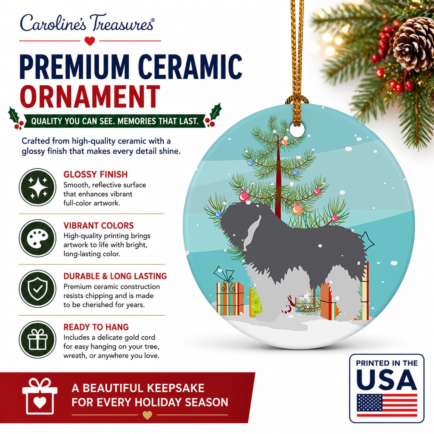 Polish Lowland Sheepdog Dog Merry Christmas Tree Ceramic Ornament Christmas Tree Hanging Decorations for Home Christmas Holiday, Party, Gift, 3 in, Multicolor