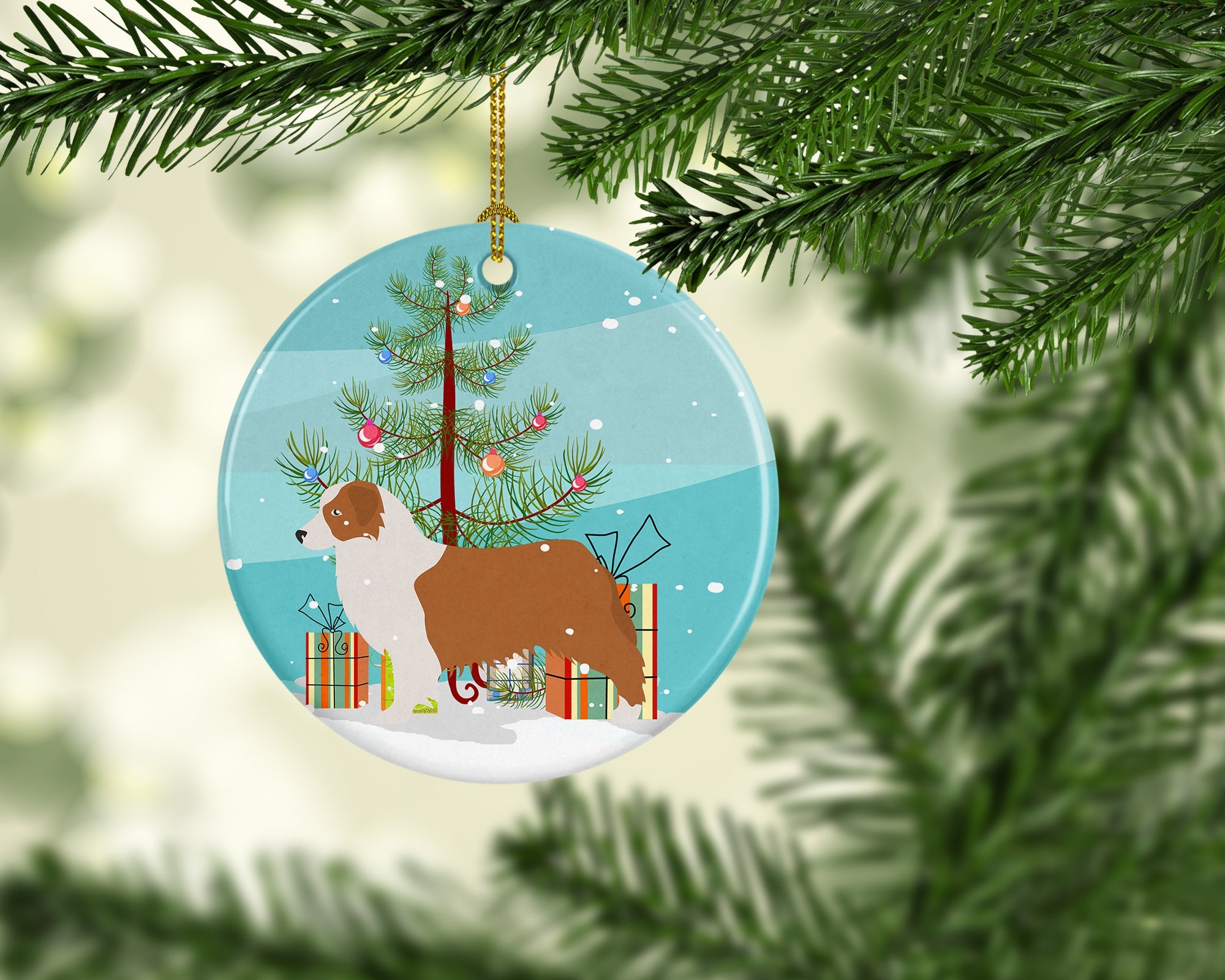 Australian Shepherd Dog Merry Christmas Tree Ceramic Ornament Christmas Tree Hanging Decorations for Home Christmas Holiday, Party, Gift, 3 in, Multicolor