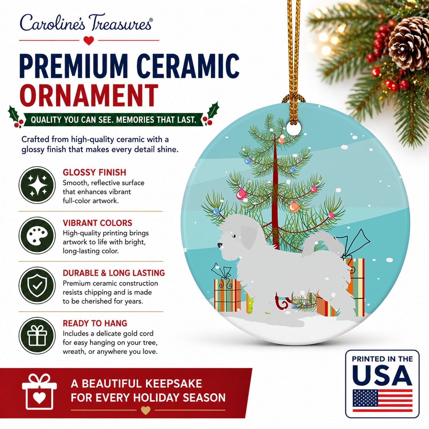 Maltese Merry Christmas Tree Ceramic Ornament Christmas Tree Hanging Decorations for Home Christmas Holiday, Party, Gift, 3 in, Multicolor
