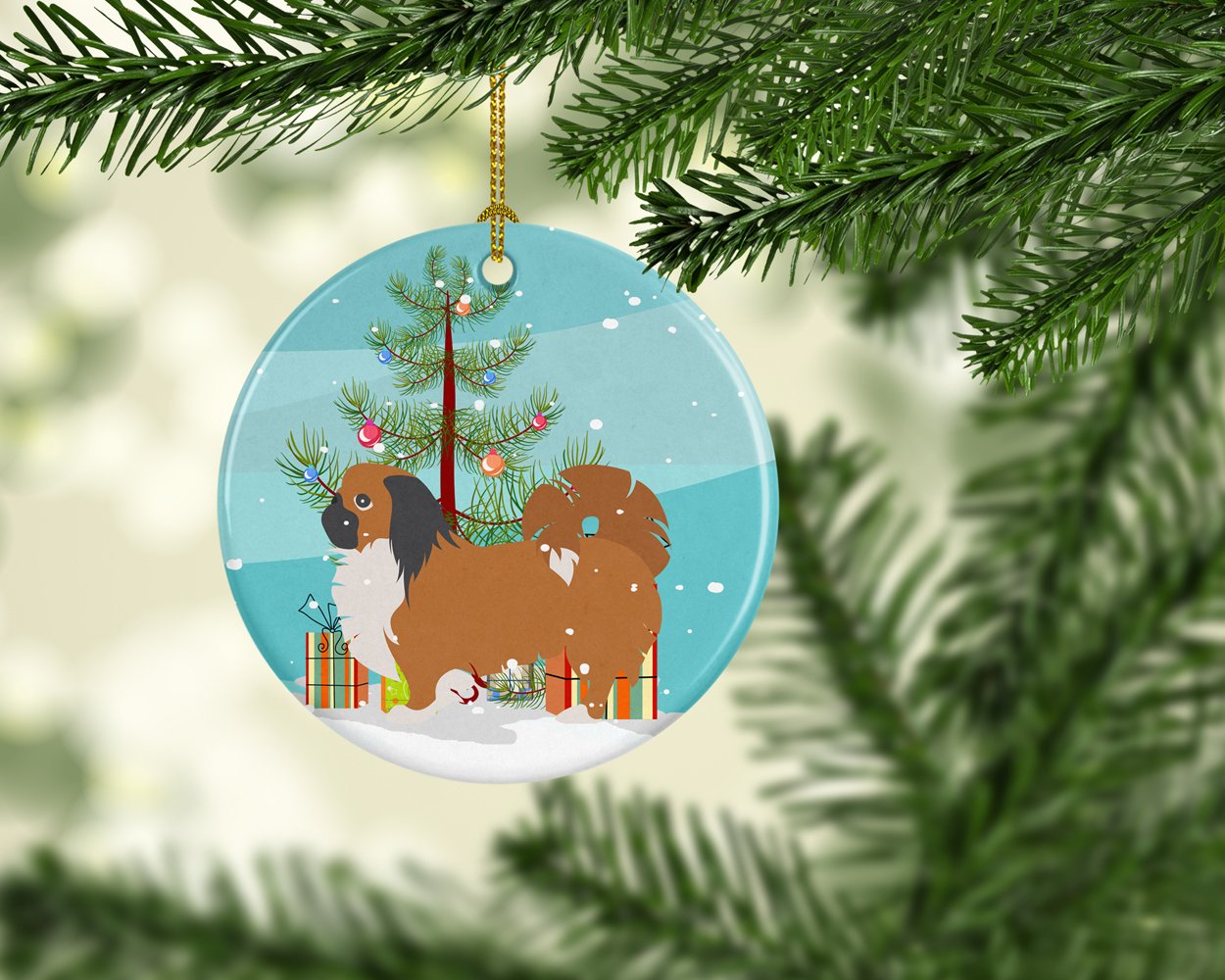 Pekingese Merry Christmas Tree Ceramic Ornament Christmas Tree Hanging Decorations for Home Christmas Holiday, Party, Gift, 3 in, Multicolor