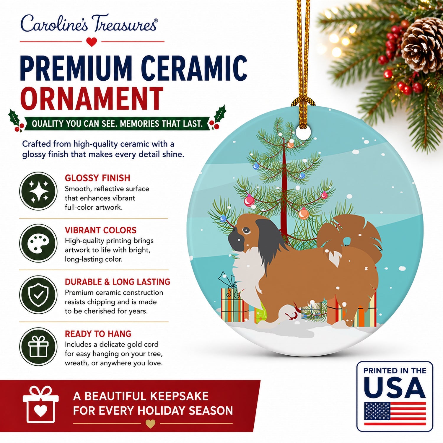 Pekingese Merry Christmas Tree Ceramic Ornament Christmas Tree Hanging Decorations for Home Christmas Holiday, Party, Gift, 3 in, Multicolor