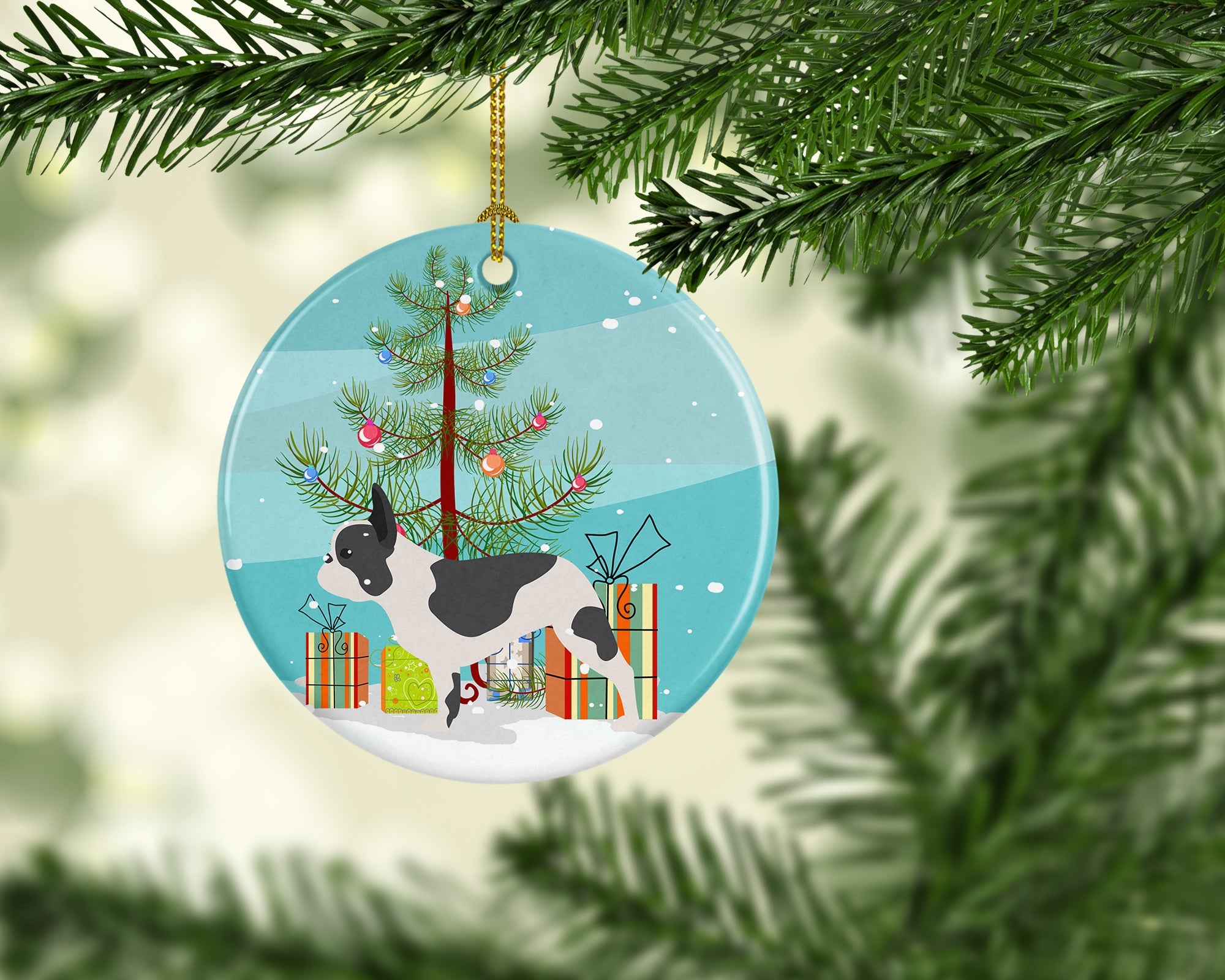 French Bulldog Merry Christmas Tree Ceramic Ornament Christmas Tree Hanging Decorations for Home Christmas Holiday, Party, Gift, 3 in, Multicolor