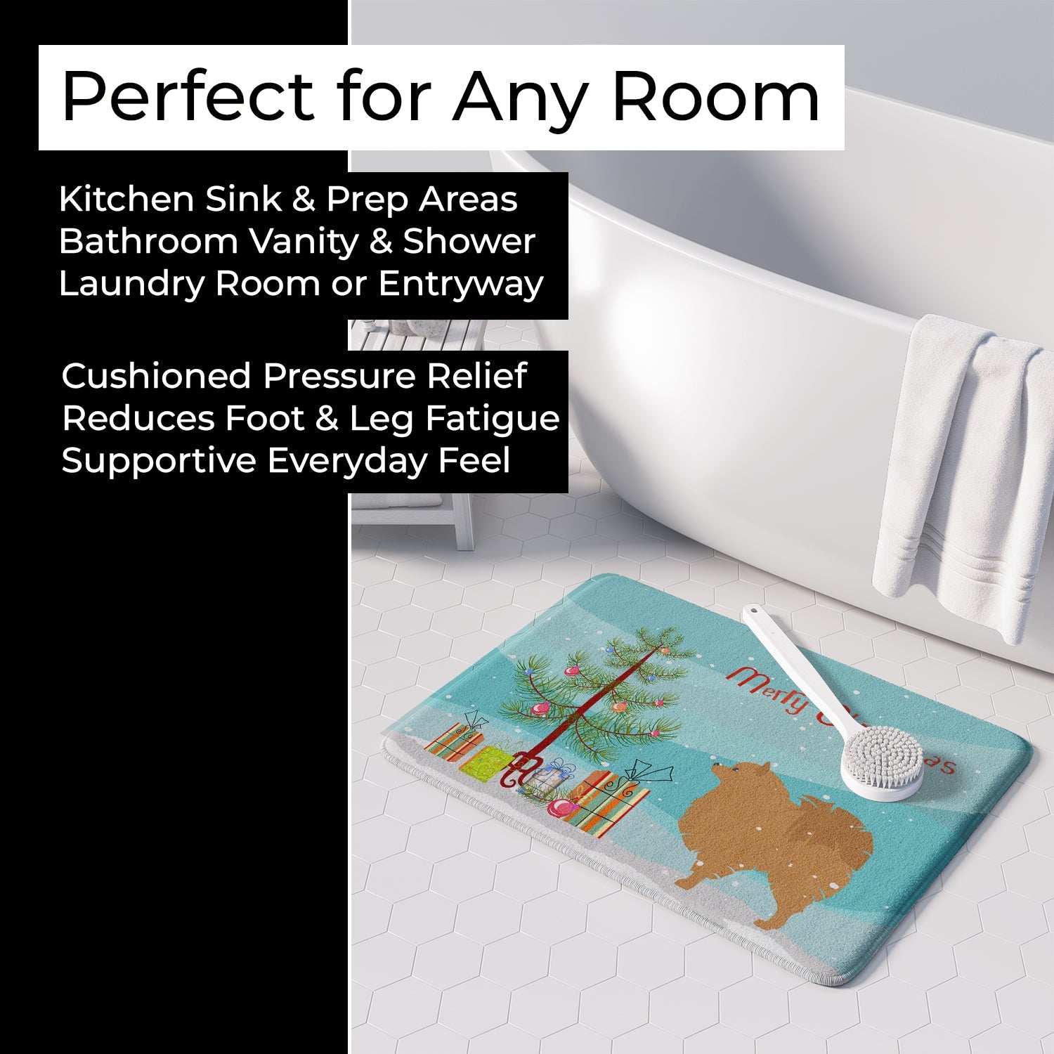 Pomeranian Merry Christmas Tree Memory Foam Kitchen Mat Machine Washable Anti-Fatigue Cushion Comfort Bath or Kitchen Rug