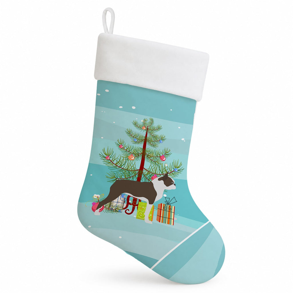 Boston Terrier Merry Christmas Tree Holiday Stocking Double-Sided Print, Polyester Suede,11x18, Made in USA