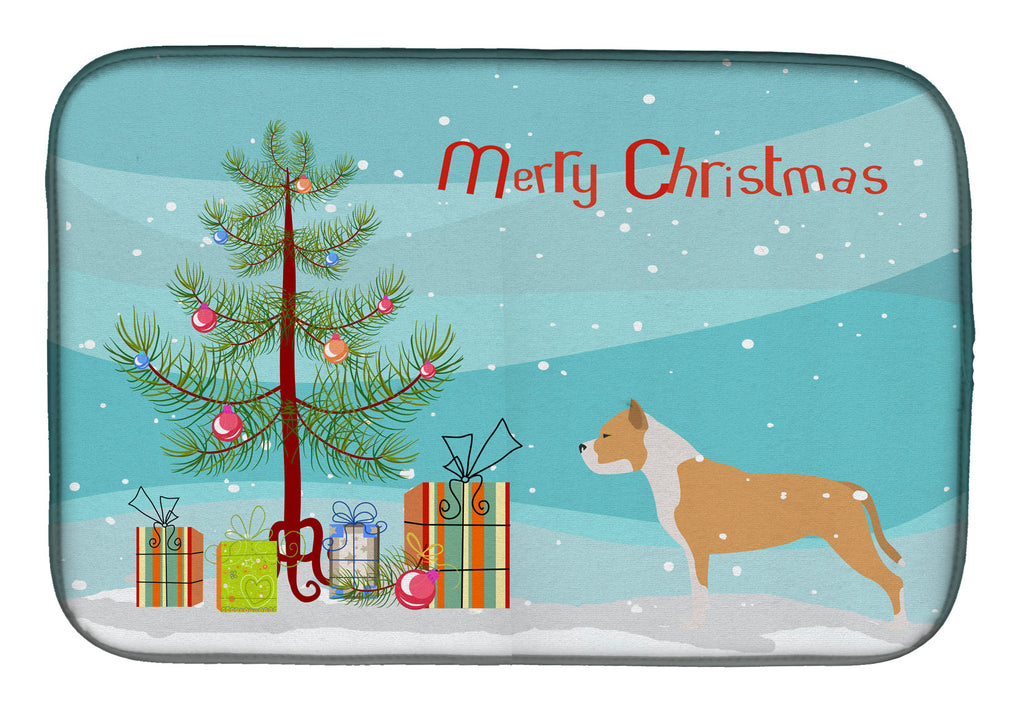 Staffordshire Bull Terrier Merry Christmas Tree Dish Drying Mat Absorbent Dish Drying Mat Pad for Kitchen Counter Dish Drainer Mat for Countertop, 14 x 21", Multicolor