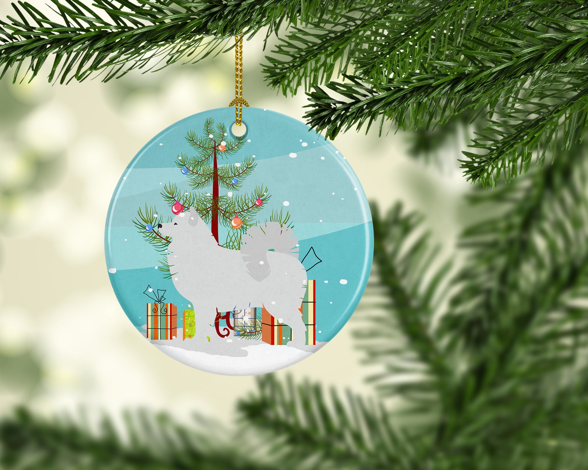 Samoyed Merry Christmas Tree Ceramic Ornament Christmas Tree Hanging Decorations for Home Christmas Holiday, Party, Gift, 3 in, Multicolor
