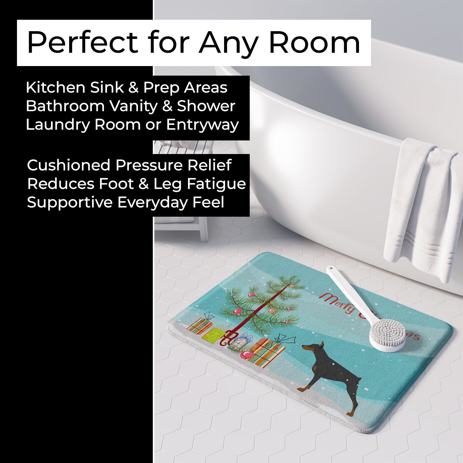 Doberman Pinscher Merry Christmas Tree Memory Foam Kitchen Mat Machine Washable Anti-Fatigue Cushion Comfort Bath or Kitchen Rug
