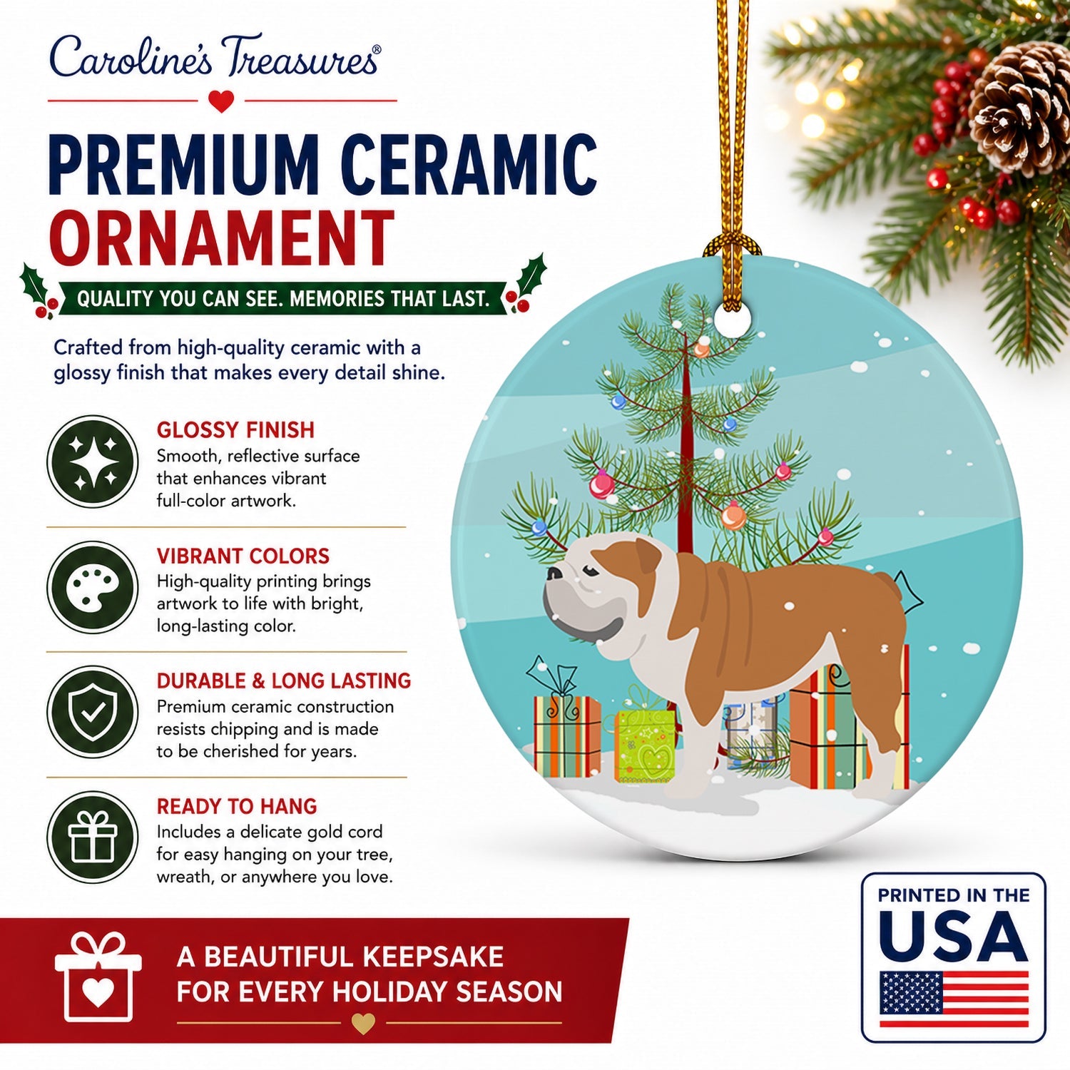 English Bulldog Merry Christmas Tree Ceramic Ornament Christmas Tree Hanging Decorations for Home Christmas Holiday, Party, Gift, 3 in, Multicolor