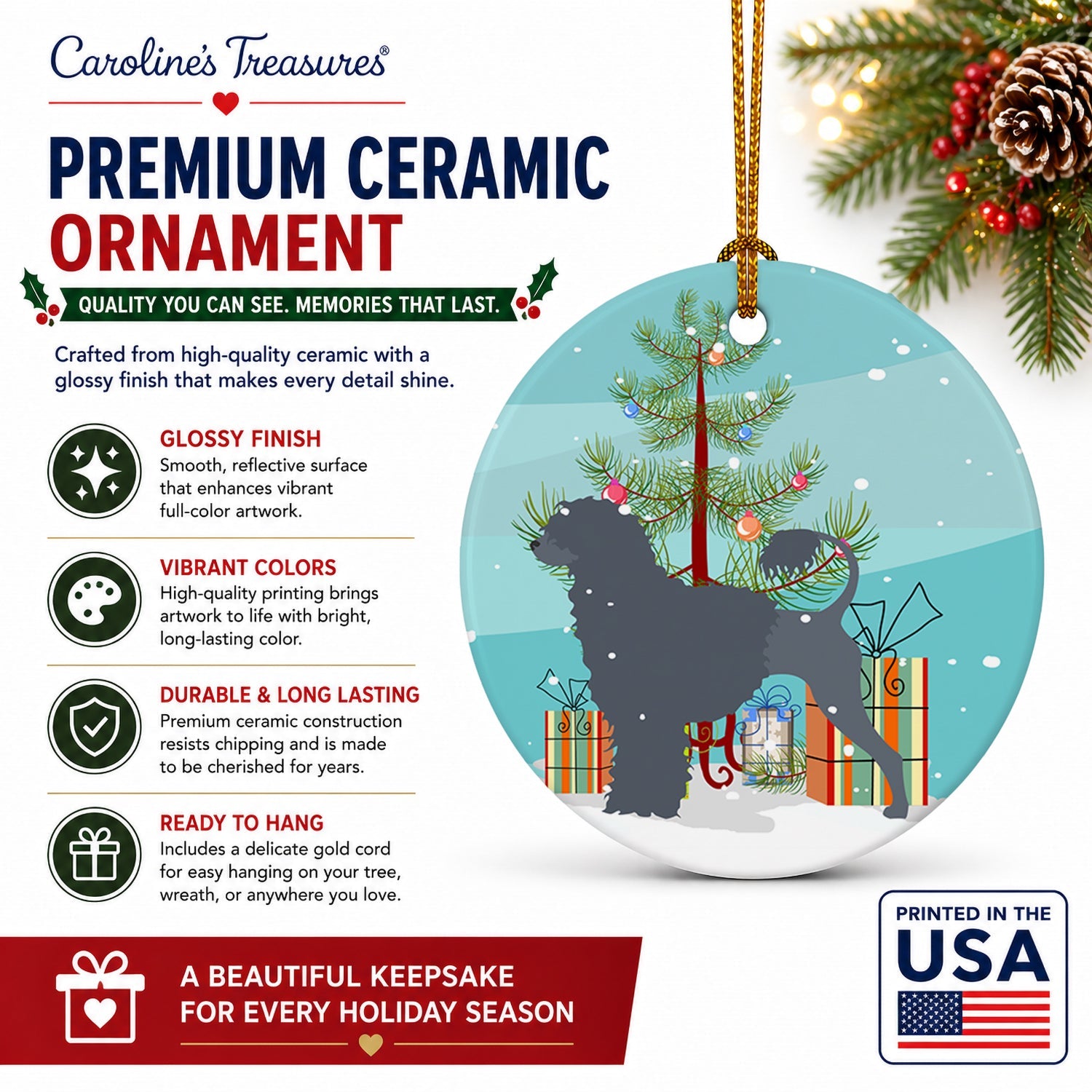Portuguese Water Dog Merry Christmas Tree Ceramic Ornament Christmas Tree Hanging Decorations for Home Christmas Holiday, Party, Gift, 3 in, Multicolor