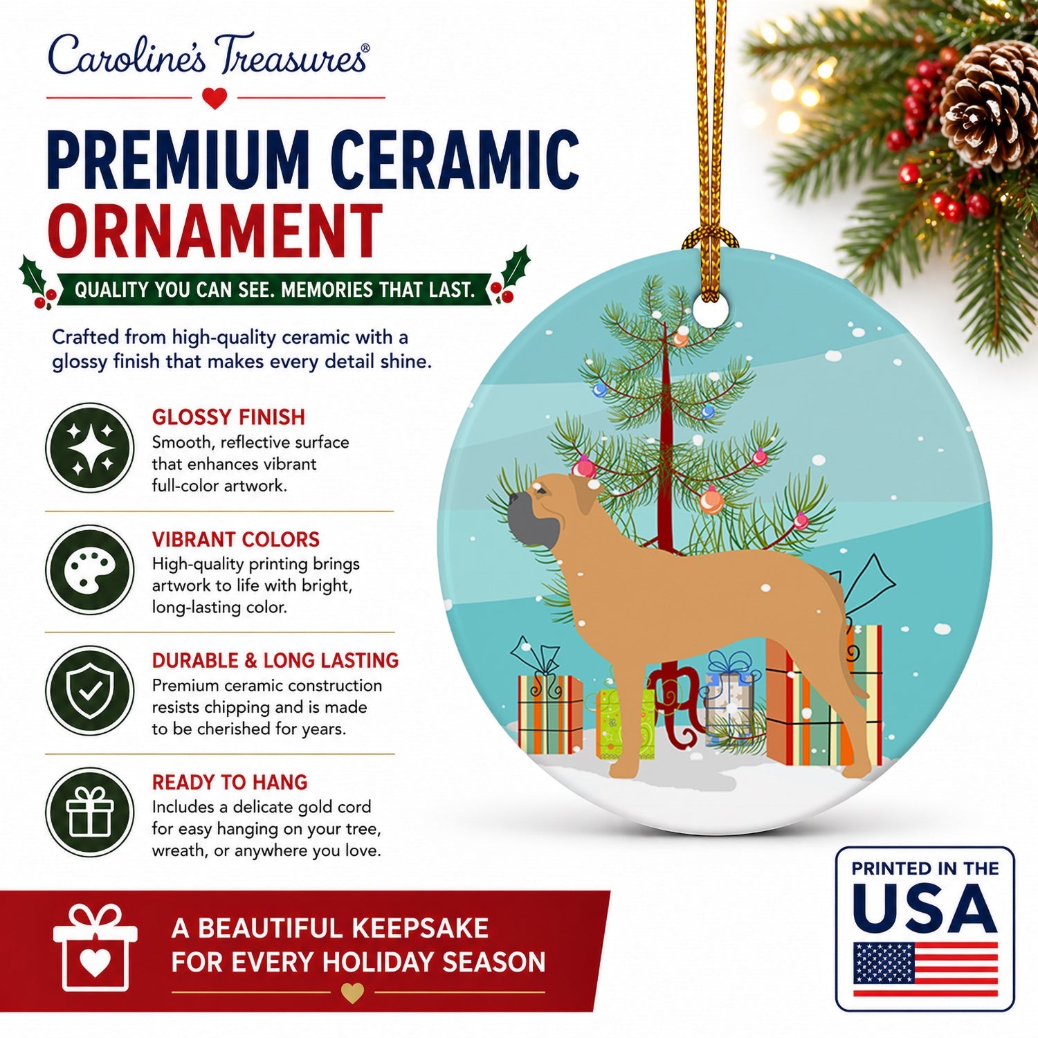 Bullmastiff Merry Christmas Tree Ceramic Ornament Christmas Tree Hanging Decorations for Home Christmas Holiday, Party, Gift, 3 in, Multicolor