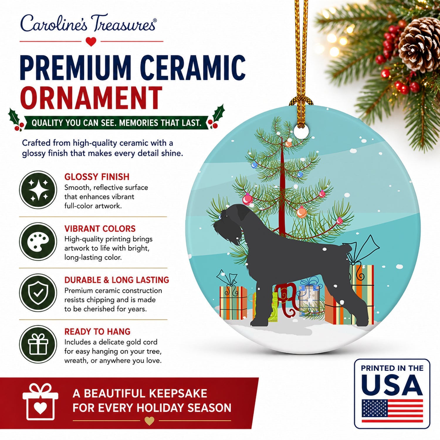 Giant Schnauzer Merry Christmas Tree Ceramic Ornament Christmas Tree Hanging Decorations for Home Christmas Holiday, Party, Gift, 3 in, Multicolor