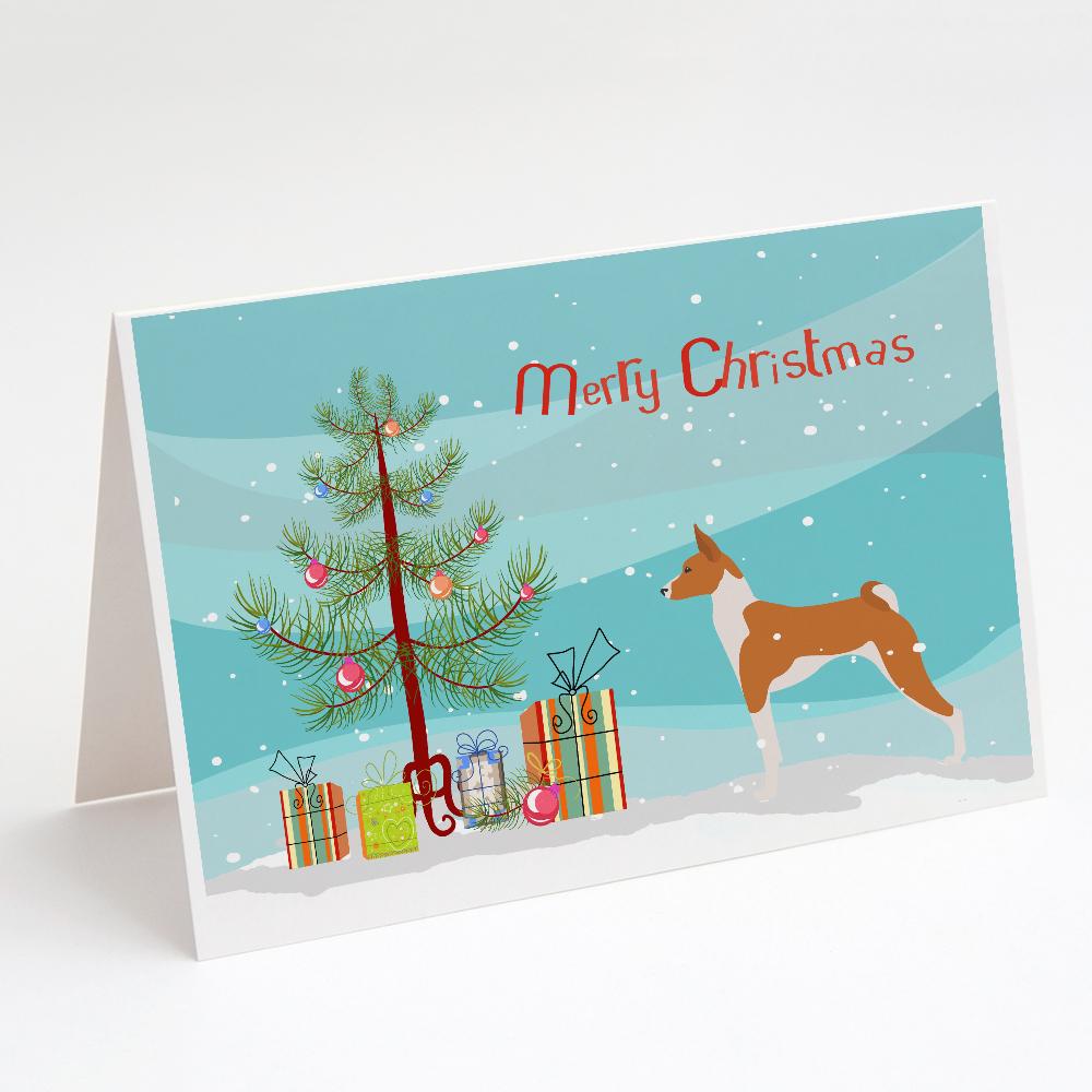 Basenji Merry Christmas Tree Greeting Cards Pack of 8 Blank Cards with Envelopes Whimsical A7 Size 5x7