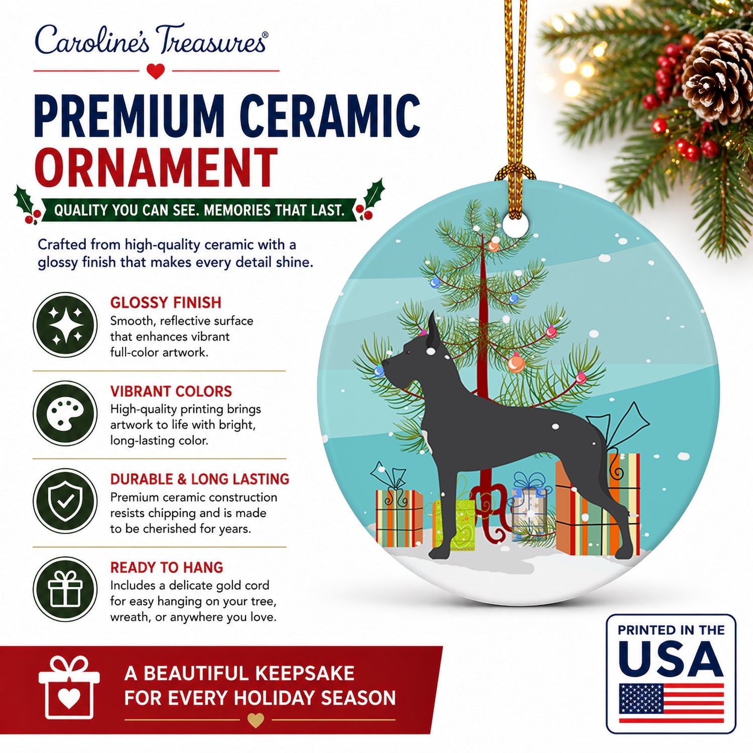 Great Dane Merry Christmas Tree Ceramic Ornament Christmas Tree Hanging Decorations for Home Christmas Holiday, Party, Gift, 3 in, Multicolor