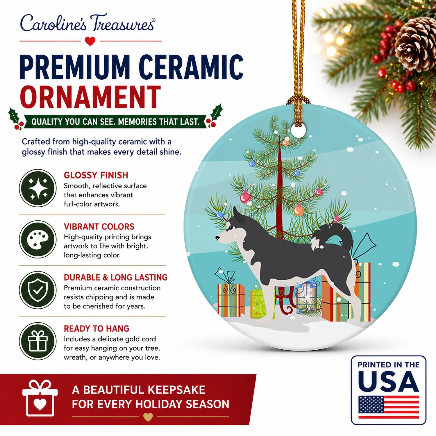 Siberian Husky Merry Christmas Tree Ceramic Ornament Christmas Tree Hanging Decorations for Home Christmas Holiday, Party, Gift, 3 in, Multicolor