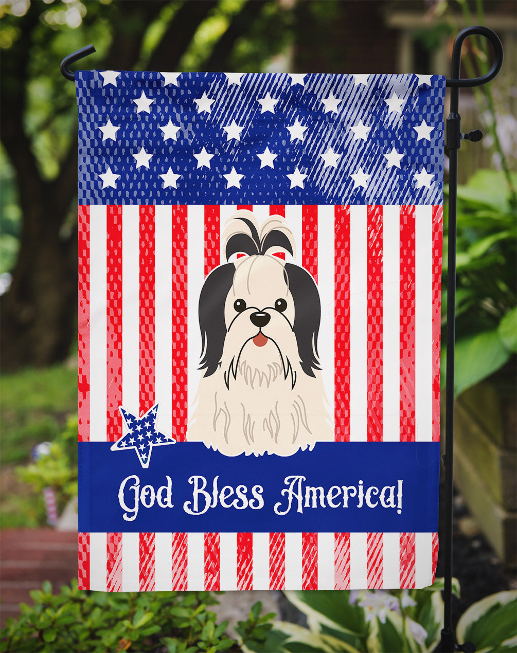 Patriotic USA Shih Tzu Black White Garden Flag Mailbox Decorative Yard Banner Outside Patio Artwork for Flower Beds, Garden Size, Multicolor