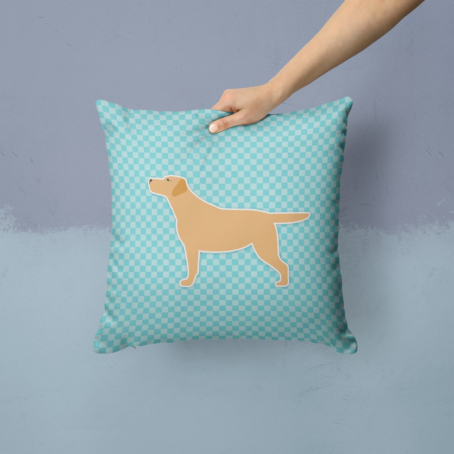 Yellow Labrador Retriever Checkerboard Blue Decorative Throw Pillow 14x14 Indoor Outdoor Accent Cushion, Fabric Cover with Insert for Sofa, Bed, Porch & Living Room