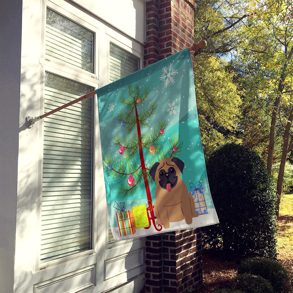 Merry Christmas Tree Pug Brown House Flag 28x40 Porch Sleeve Pole Decorative Outside Yard Banner Artwork Wall Hanging, Polyester