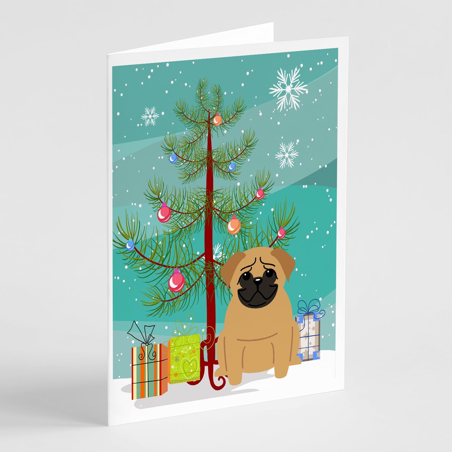 Merry Christmas Tree Pug Brown Greeting Cards Pack of 8 Blank Cards with Envelopes Whimsical A7 Size 5x7