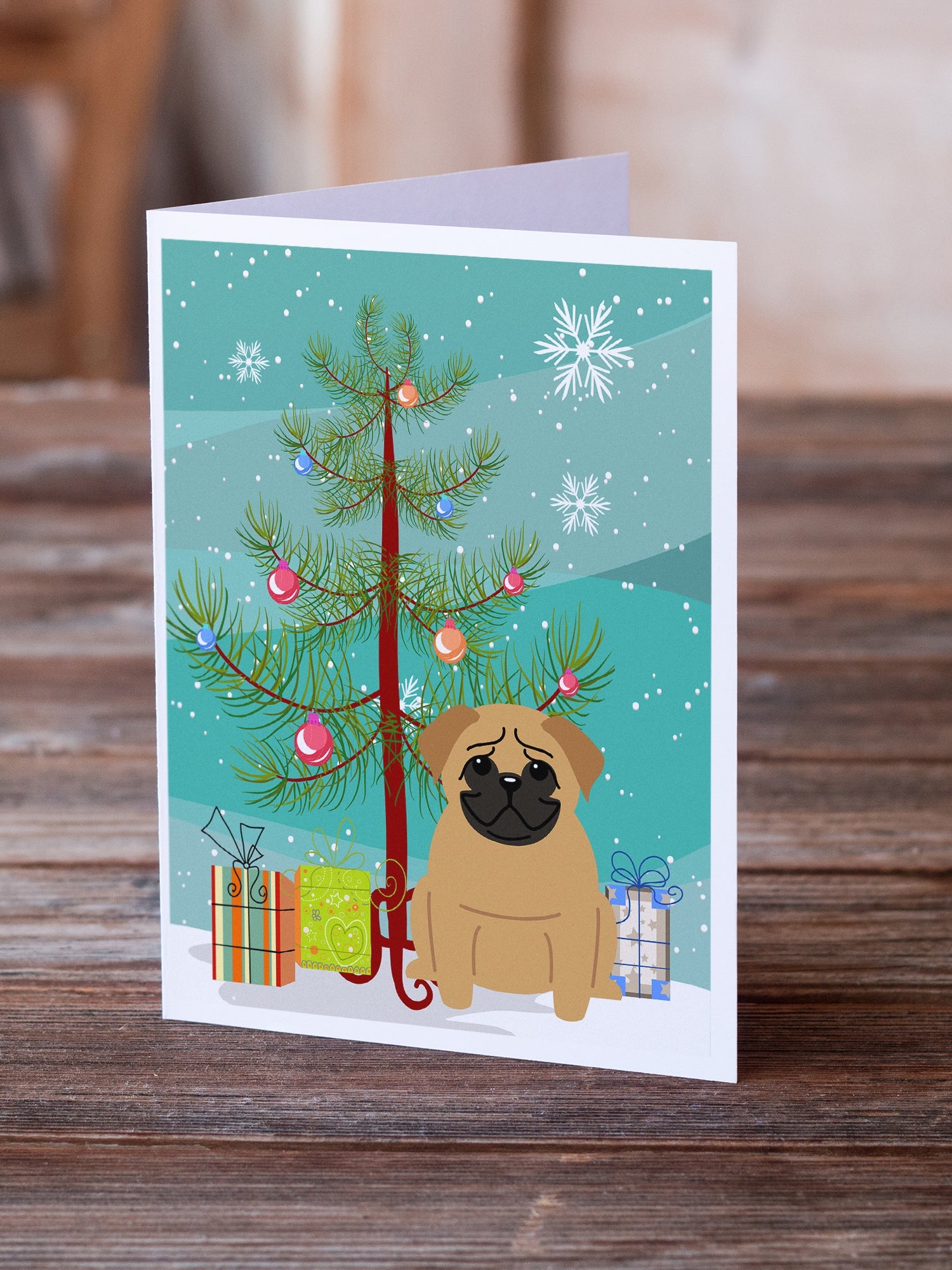Merry Christmas Tree Pug Brown Greeting Cards Pack of 8 Blank Cards with Envelopes Whimsical A7 Size 5x7