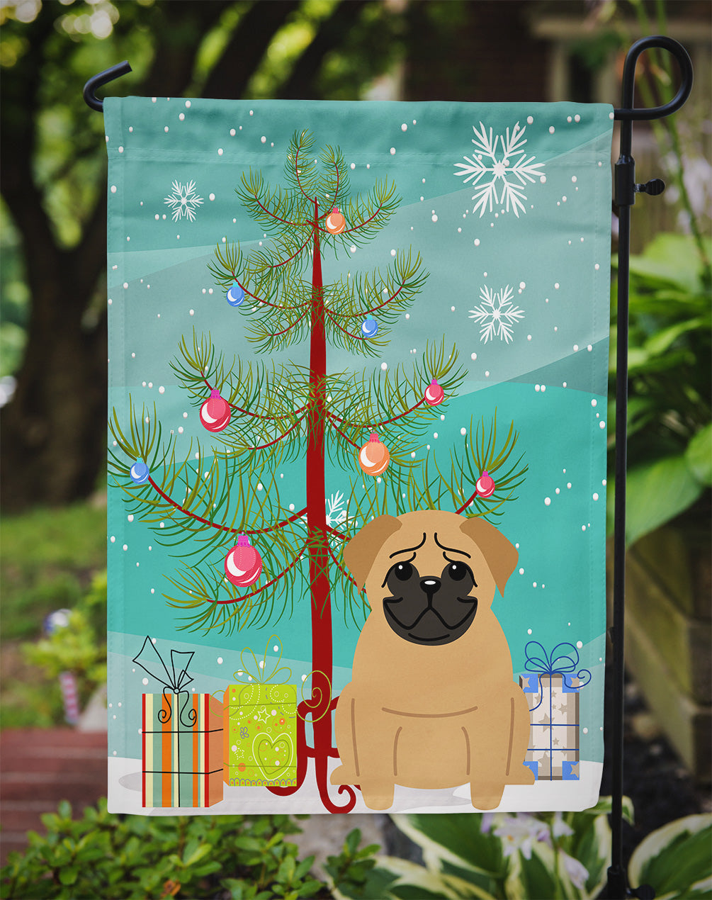 Merry Christmas Tree Pug Brown Garden Flag Mailbox Decorative Yard Banner Outside Patio Artwork for Flower Beds, Garden Size, Multicolor