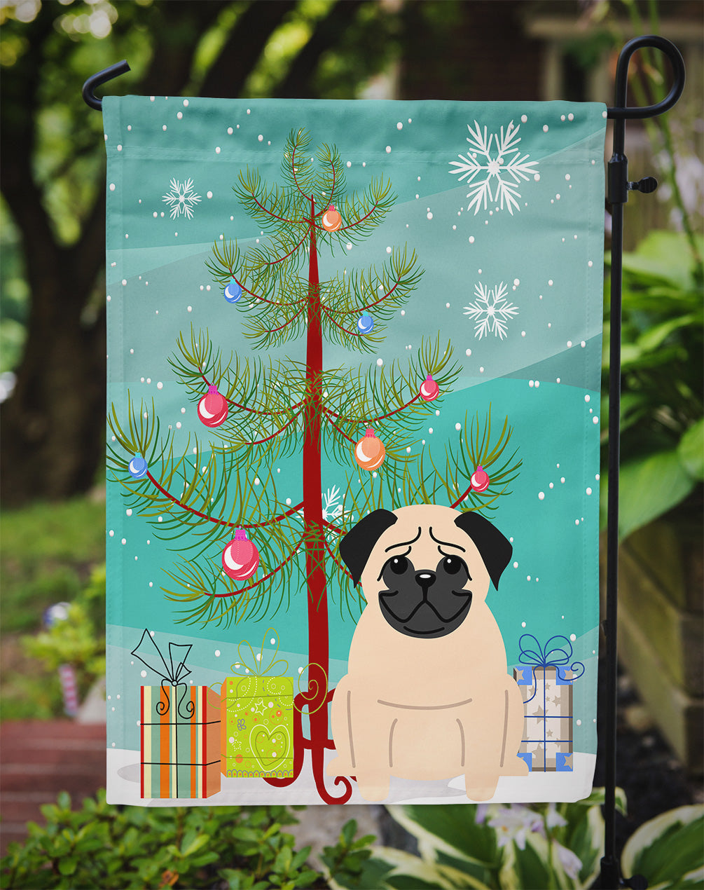 Merry Christmas Tree Pug Fawn Garden Flag Mailbox Decorative Yard Banner Outside Patio Artwork for Flower Beds, Garden Size, Multicolor