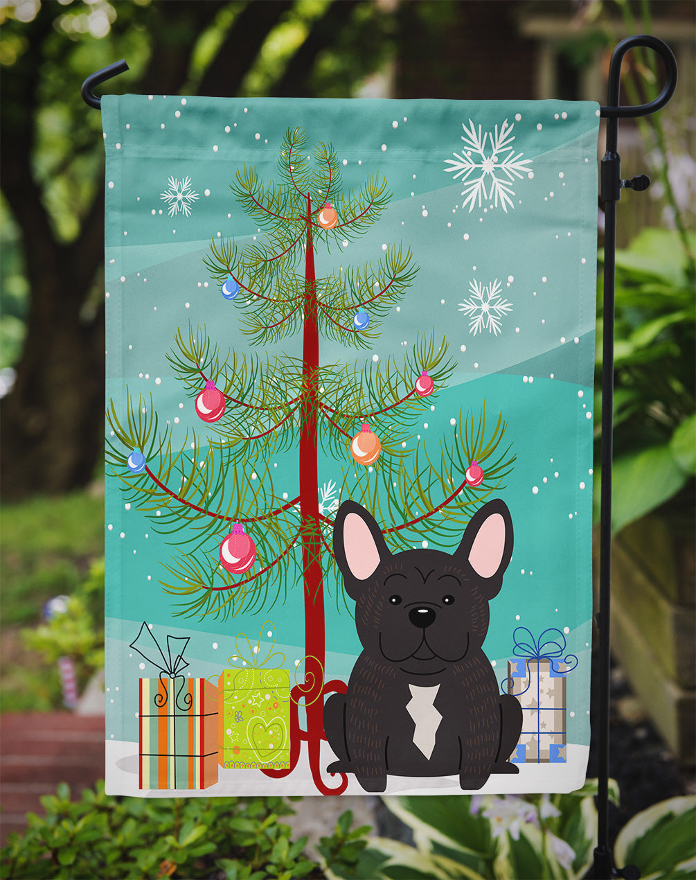Merry Christmas Tree French Bulldog Brindle Garden Flag Mailbox Decorative Yard Banner Outside Patio Artwork for Flower Beds, Garden Size, Multicolor