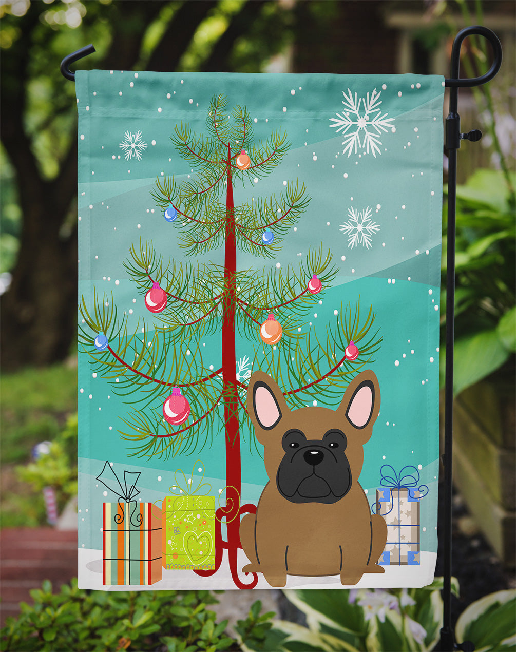 Merry Christmas Tree French Bulldog Brown Garden Flag Mailbox Decorative Yard Banner Outside Patio Artwork for Flower Beds, Garden Size, Multicolor