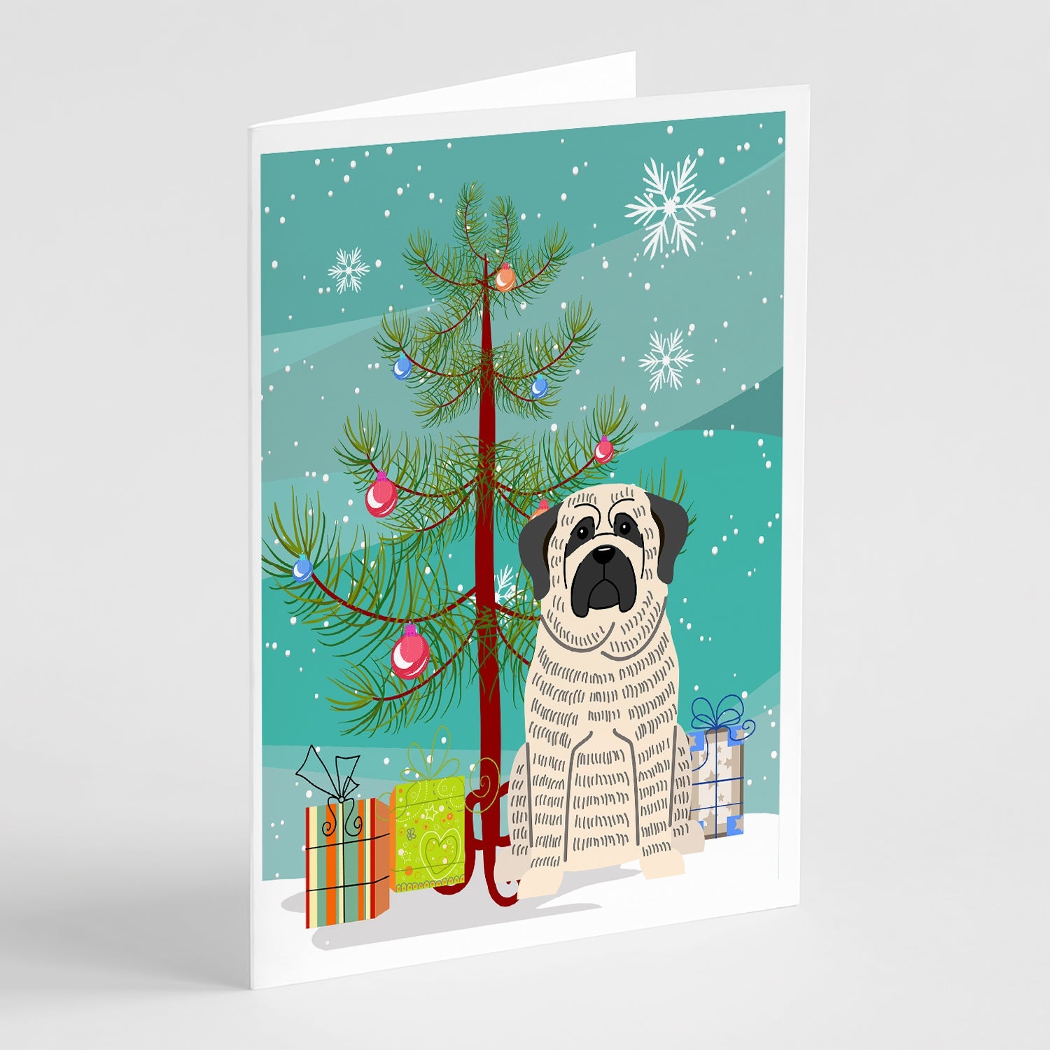 Merry Christmas Tree Mastiff Brindle White Greeting Cards Pack of 8 Blank Cards with Envelopes Whimsical A7 Size 5x7