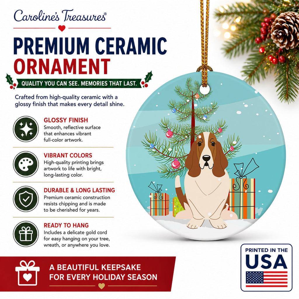 Merry Christmas Tree Basset Hound Ceramic Ornament Christmas Tree Hanging Decorations for Home Christmas Holiday, Party, Gift, 3 in, Multicolor