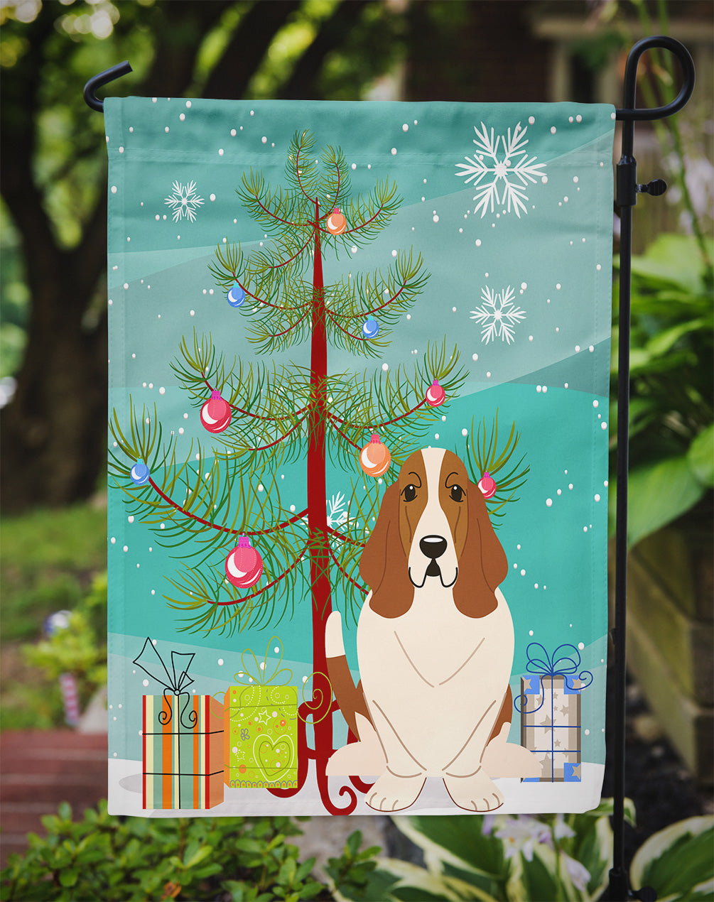 Merry Christmas Tree Basset Hound Garden Flag Mailbox Decorative Yard Banner Outside Patio Artwork for Flower Beds, Garden Size, Multicolor