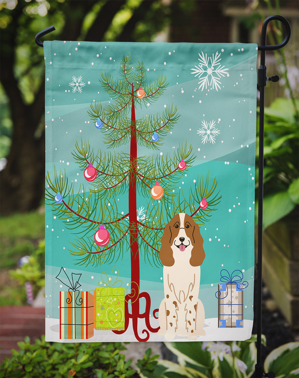 Merry Christmas Tree Russian Spaniel Garden Flag Mailbox Decorative Yard Banner Outside Patio Artwork for Flower Beds, Garden Size, Multicolor