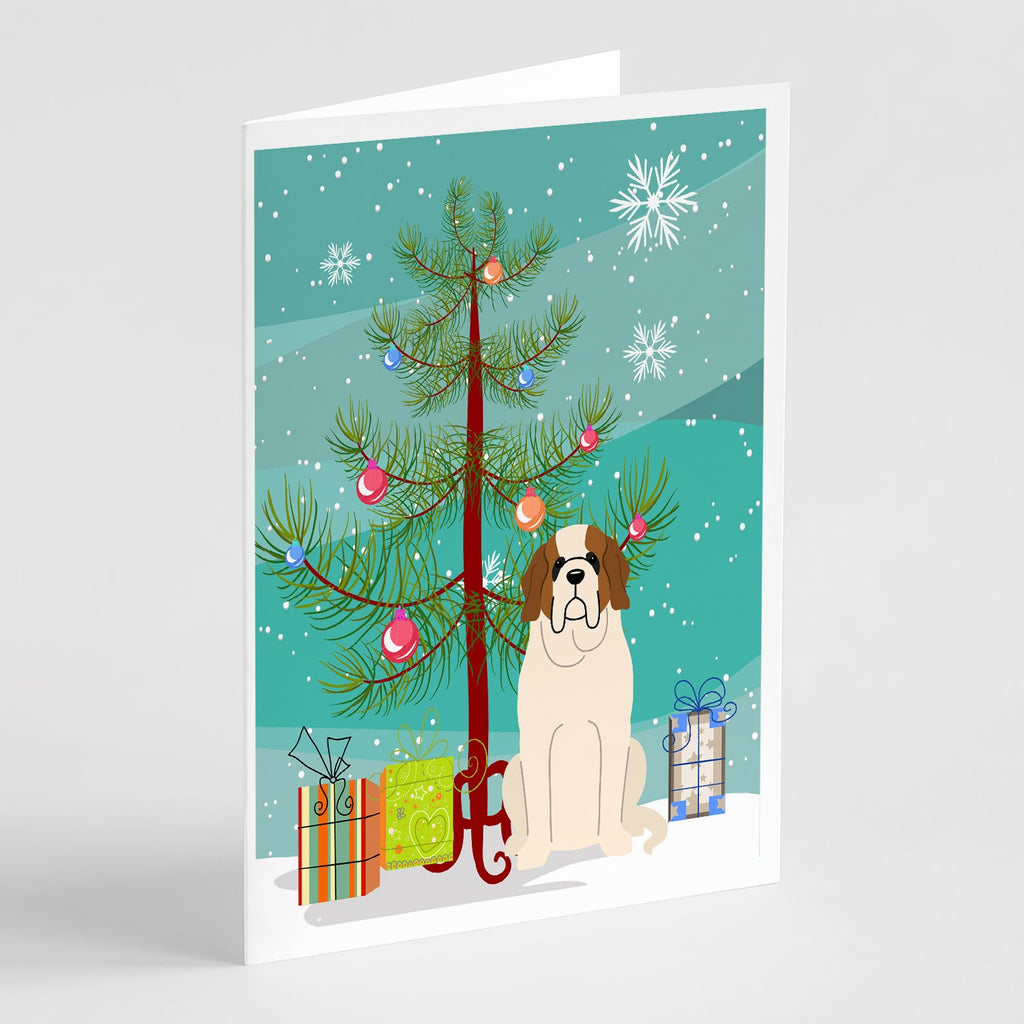 Merry Christmas Tree Saint Bernard Greeting Cards Pack of 8 Blank Cards with Envelopes Whimsical A7 Size 5x7