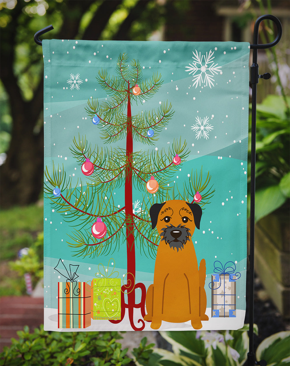 Merry Christmas Tree Border Terrier Garden Flag Mailbox Decorative Yard Banner Outside Patio Artwork for Flower Beds, Garden Size, Multicolor