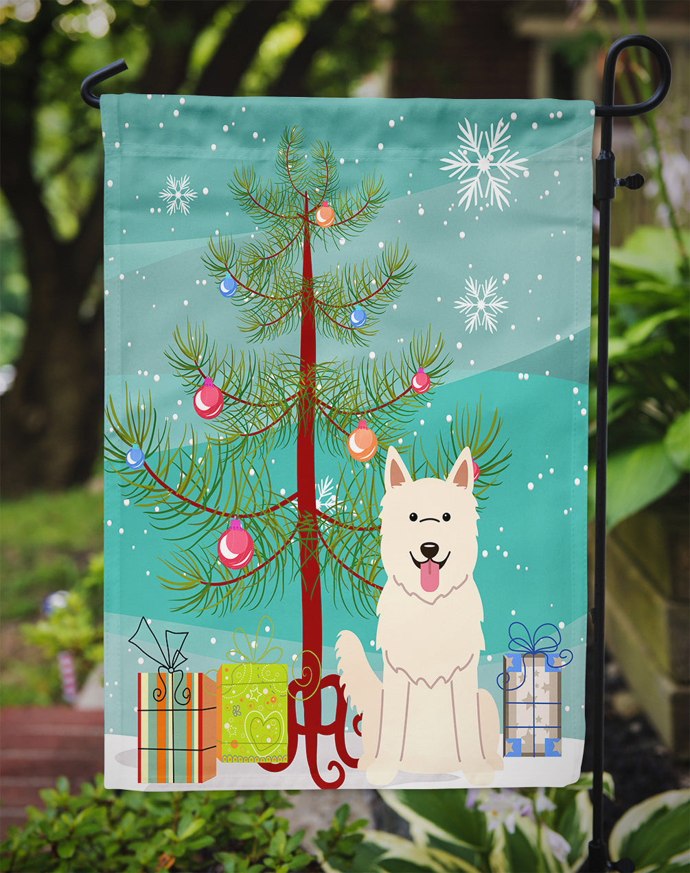 Merry Christmas Tree White German Shepherd Garden Flag Mailbox Decorative Yard Banner Outside Patio Artwork for Flower Beds, Garden Size, Multicolor