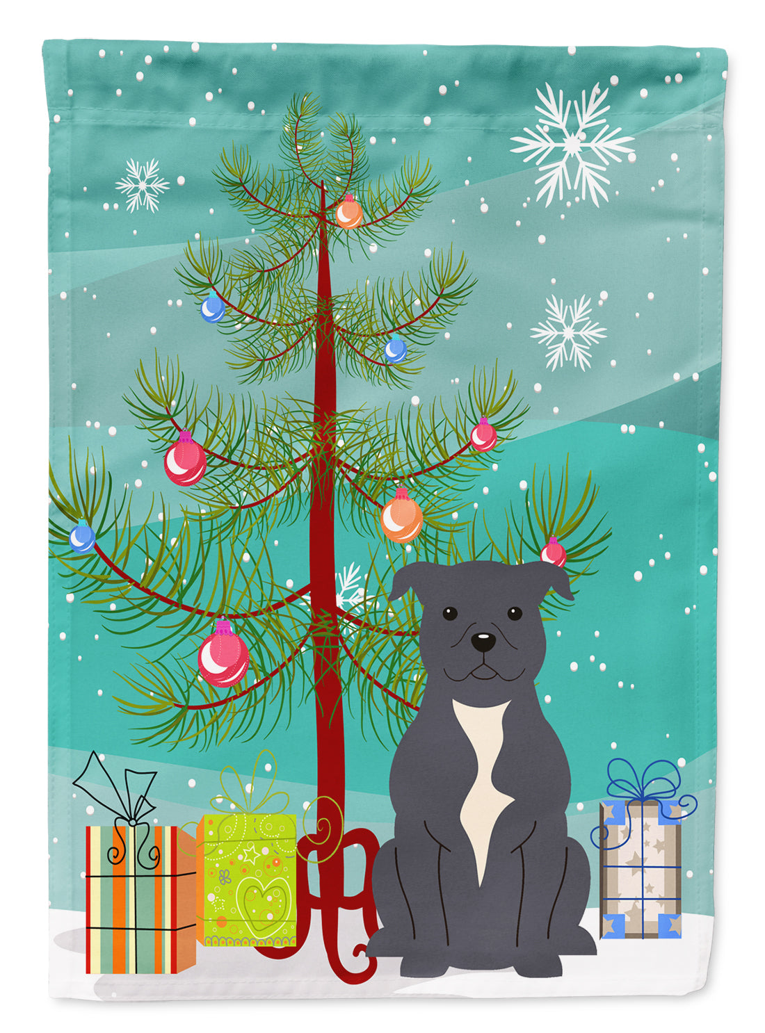 Merry Christmas Tree Staffordshire Bull Terrier Blue Garden Flag Mailbox Decorative Yard Banner Outside Patio Artwork for Flower Beds, Garden Size, Multicolor