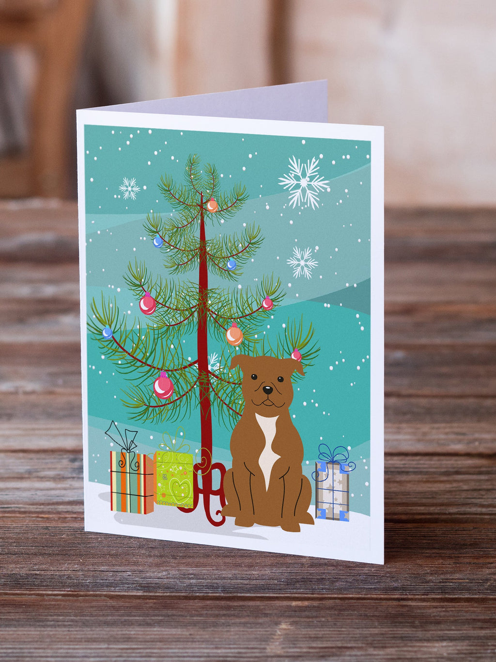 Merry Christmas Tree Staffordshire Bull Terrier Brown Greeting Cards Pack of 8 Blank Cards with Envelopes Whimsical A7 Size 5x7