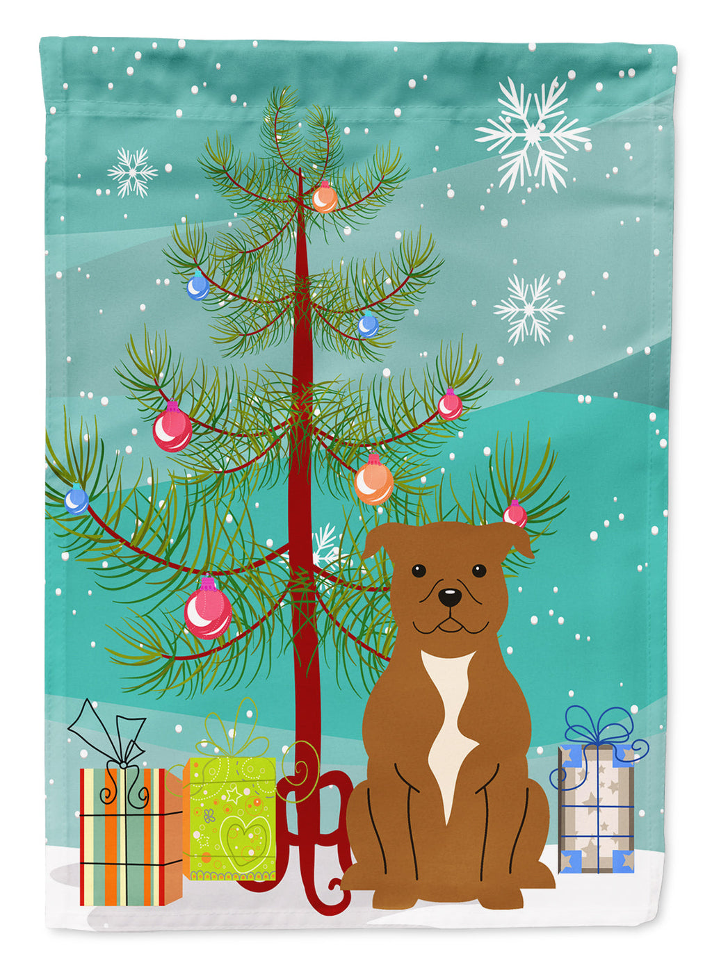 Merry Christmas Tree Staffordshire Bull Terrier Brown Garden Flag Mailbox Decorative Yard Banner Outside Patio Artwork for Flower Beds, Garden Size, Multicolor