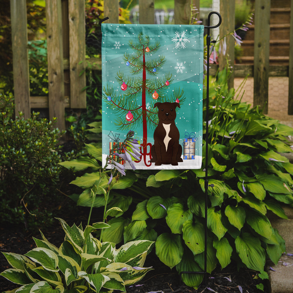 Merry Christmas Tree Staffordshire Bull Terrier Chocolate Garden Flag Mailbox Decorative Yard Banner Outside Patio Artwork for Flower Beds, Garden Size, Multicolor