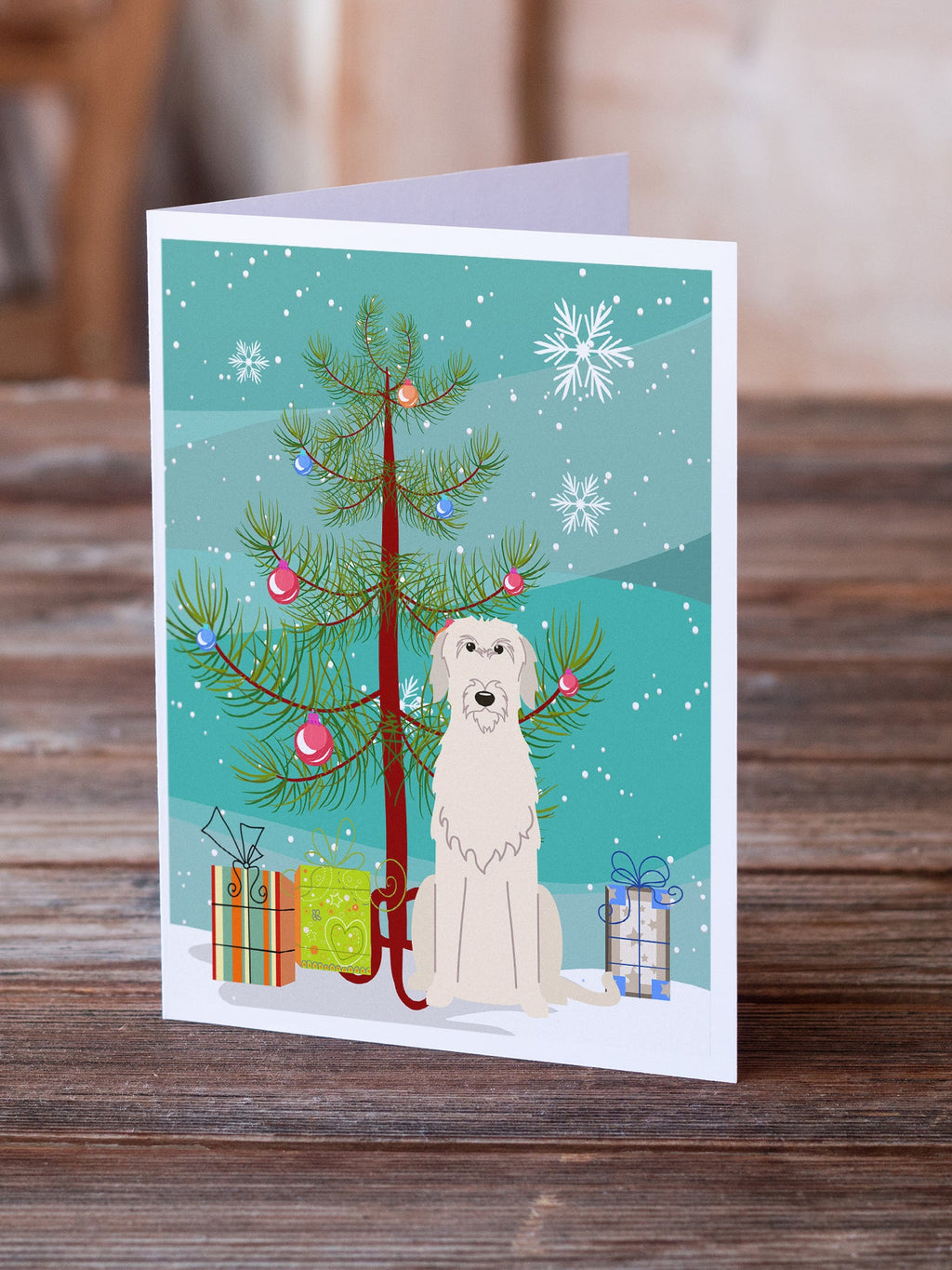 Merry Christmas Tree Irish Wolfhound Greeting Cards Pack of 8 Blank Cards with Envelopes Whimsical A7 Size 5x7