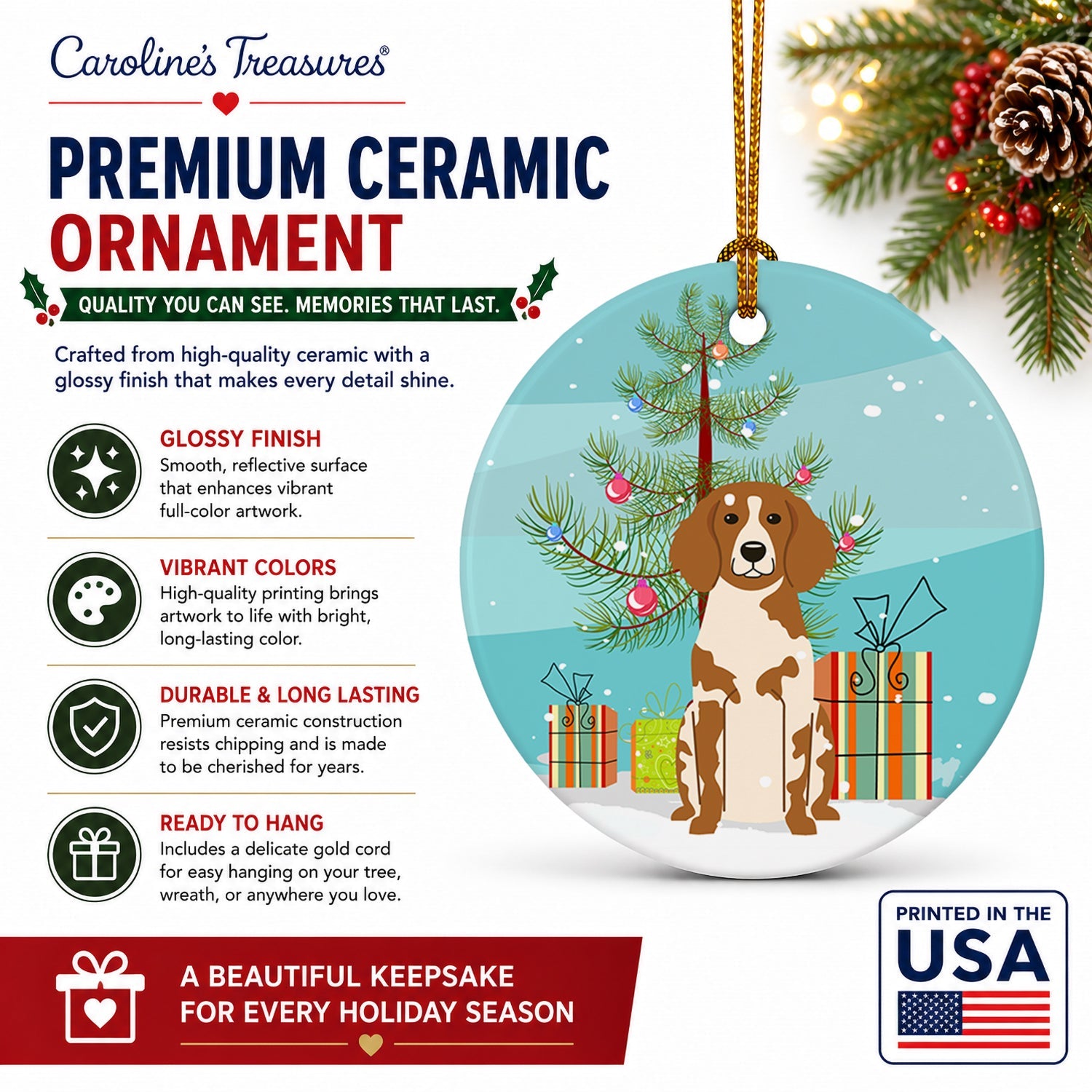 Merry Christmas Tree Brittany Spaniel Ceramic Ornament Christmas Tree Hanging Decorations for Home Christmas Holiday, Party, Gift, 3 in, Multicolor