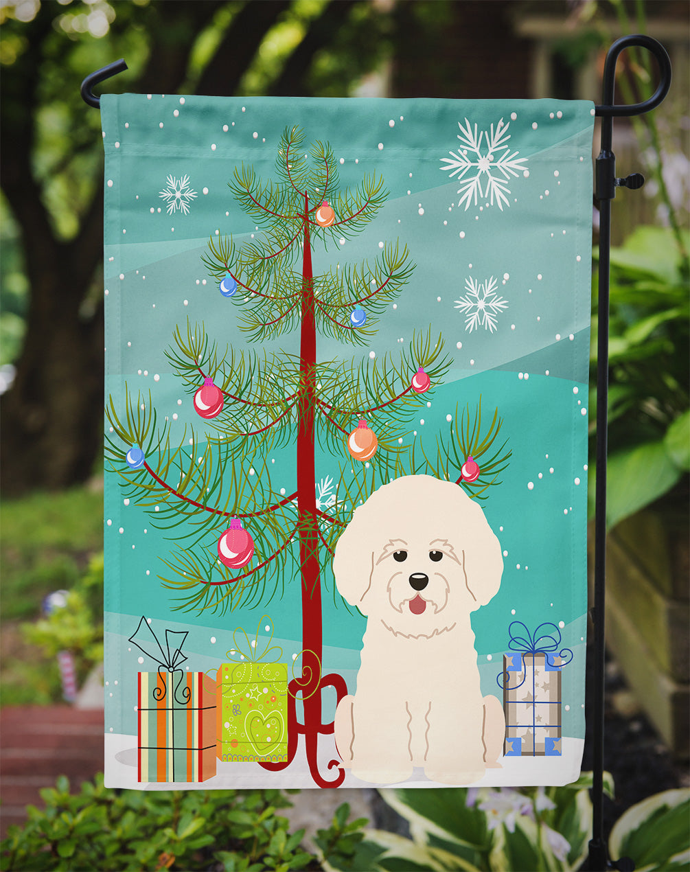 Merry Christmas Tree Bichon Frise Garden Flag Mailbox Decorative Yard Banner Outside Patio Artwork for Flower Beds, Garden Size, Multicolor