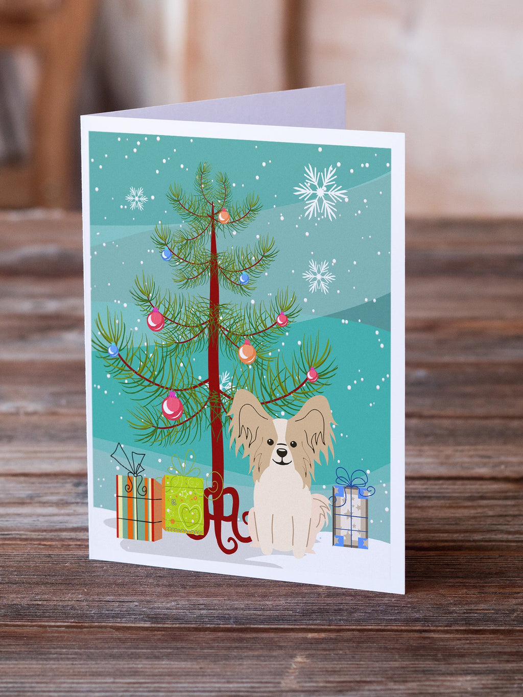 Merry Christmas Tree Papillon Sable White Greeting Cards Pack of 8 Blank Cards with Envelopes Whimsical A7 Size 5x7