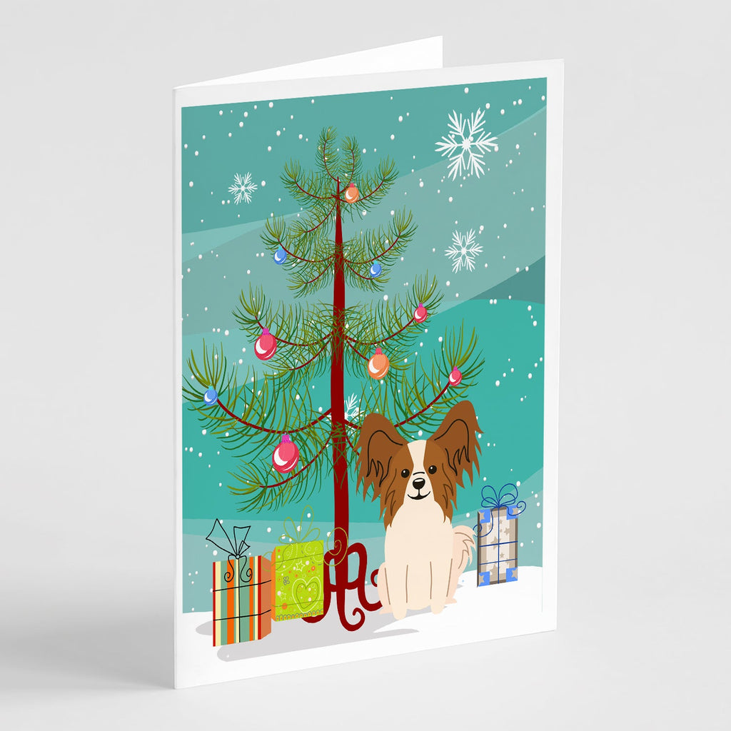 Merry Christmas Tree Papillon Red White Greeting Cards Pack of 8 Blank Cards with Envelopes Whimsical A7 Size 5x7