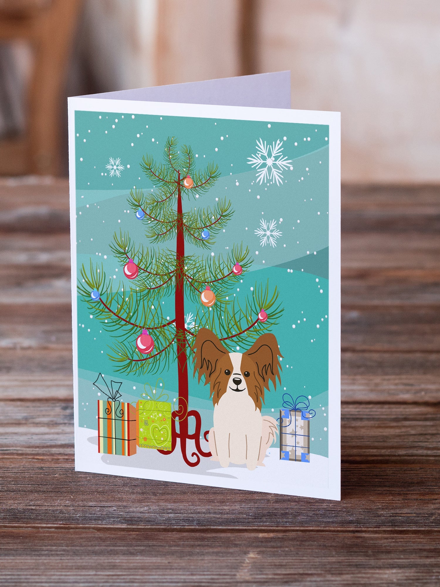 Merry Christmas Tree Papillon Red White Greeting Cards Pack of 8 Blank Cards with Envelopes Whimsical A7 Size 5x7