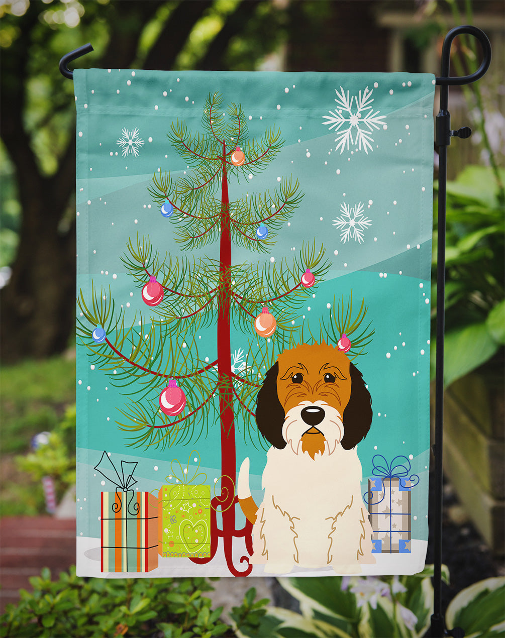 Merry Christmas Tree Petit Basset Griffon Veenden Garden Flag Mailbox Decorative Yard Banner Outside Patio Artwork for Flower Beds, Garden Size, Multicolor