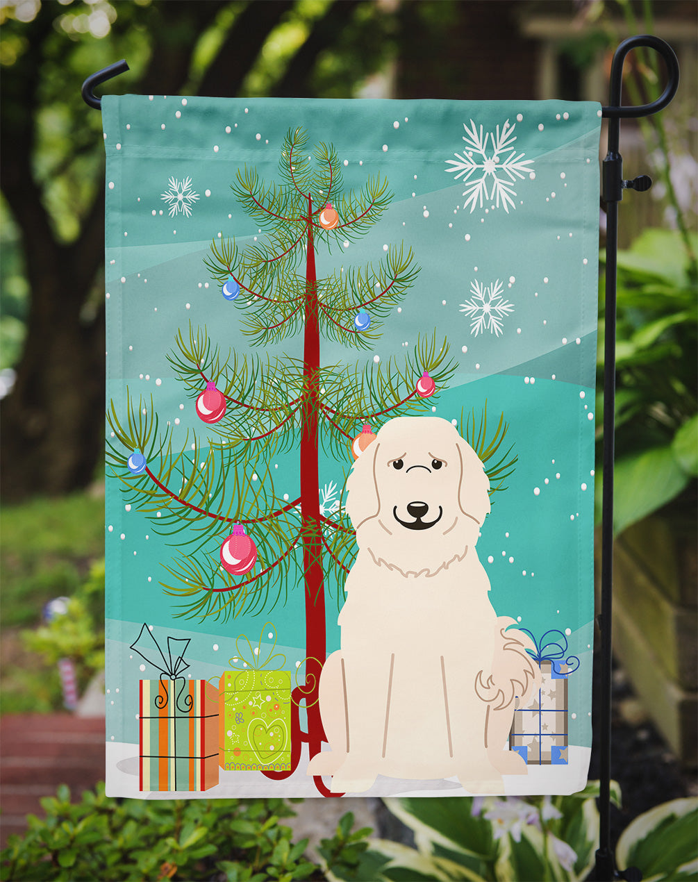 Merry Christmas Tree Great Pyrenese Garden Flag Mailbox Decorative Yard Banner Outside Patio Artwork for Flower Beds, Garden Size, Multicolor