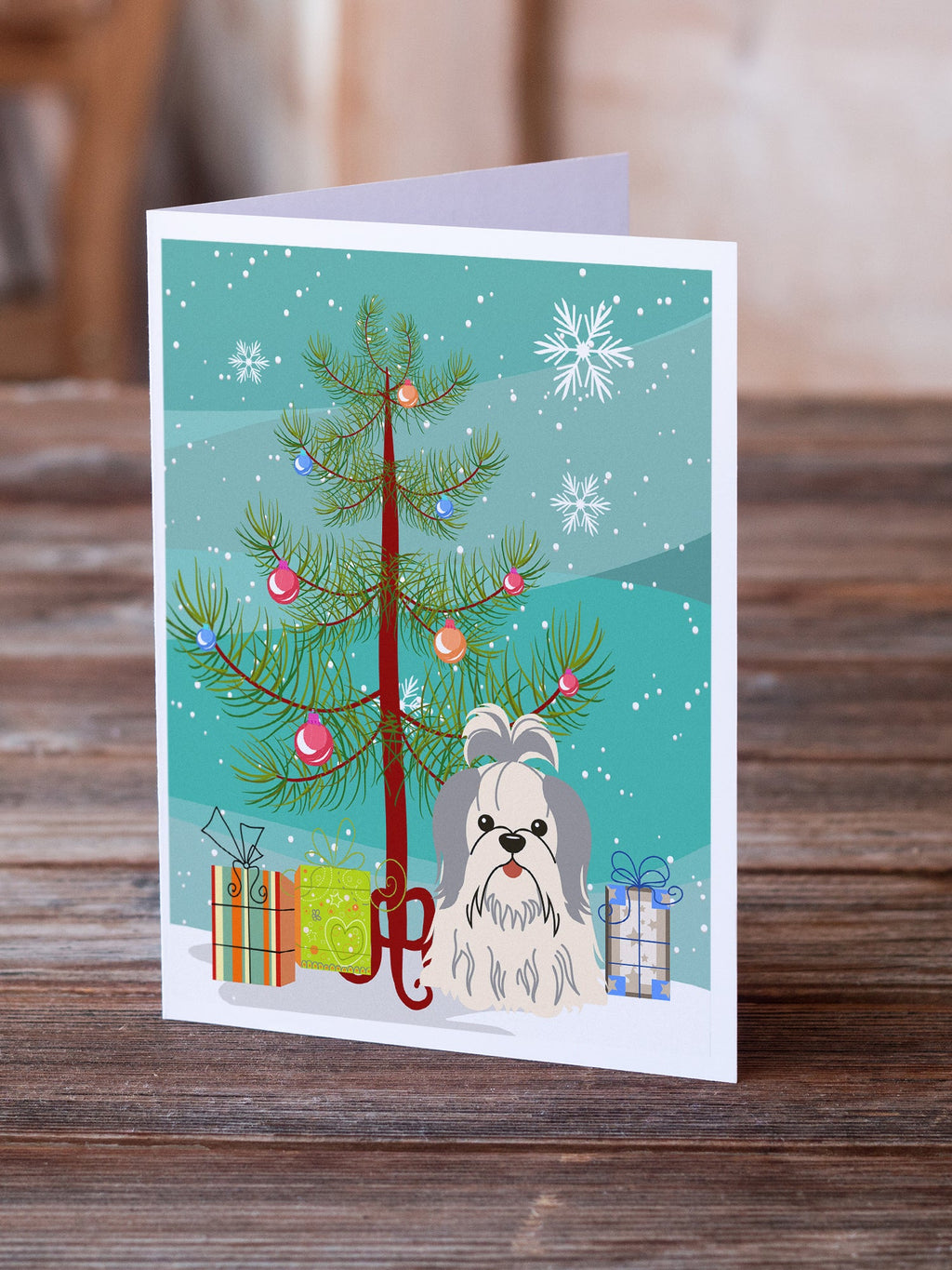 Merry Christmas Tree Shih Tzu Silver White Greeting Cards Pack of 8 Blank Cards with Envelopes Whimsical A7 Size 5x7